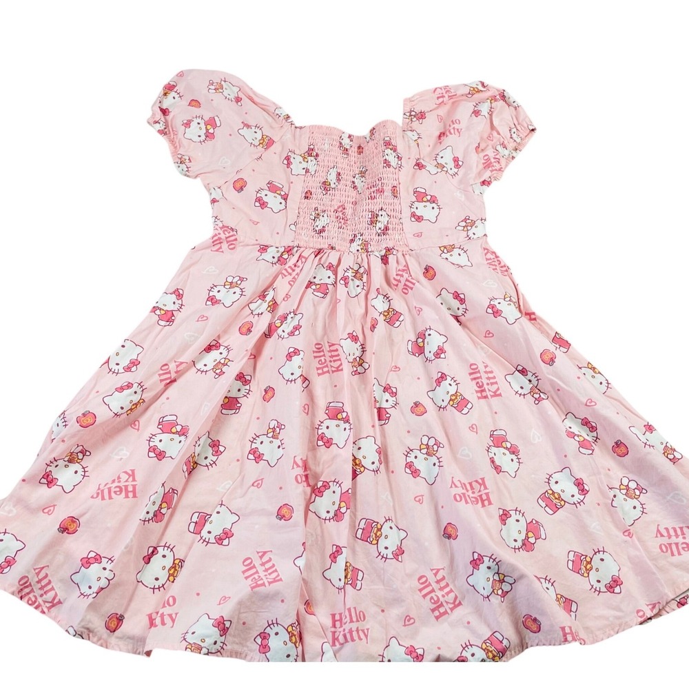 Hello Kitty Girls Dress Pink Cotton XL 14 Smocked Puff Sleeve Sanrio Mad Engine‎
